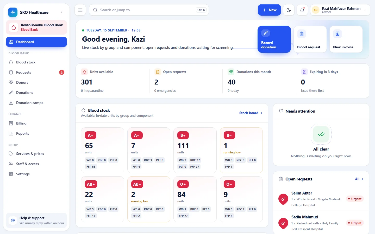 Blood Bank dashboard in SKO Healthcare